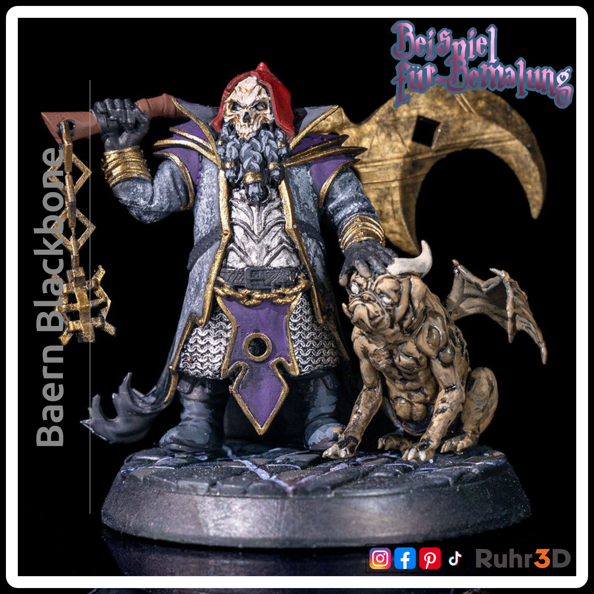 Bemalte Figur eines untoten Zwergs mit Bart und seinem gefügeltem Hund. In der rechten Hand hält der untote Zwerg eine halbmondförmige Axt, die er locker über der rechten Schulter gelegt hat. Der untote Zwerg trägt einen langen Mantel mit goldenen Akzenten, darunter trägt er eine silberne Rüstung. Die großen Schultzerpolster sind Lila mit goldenen Kanten.