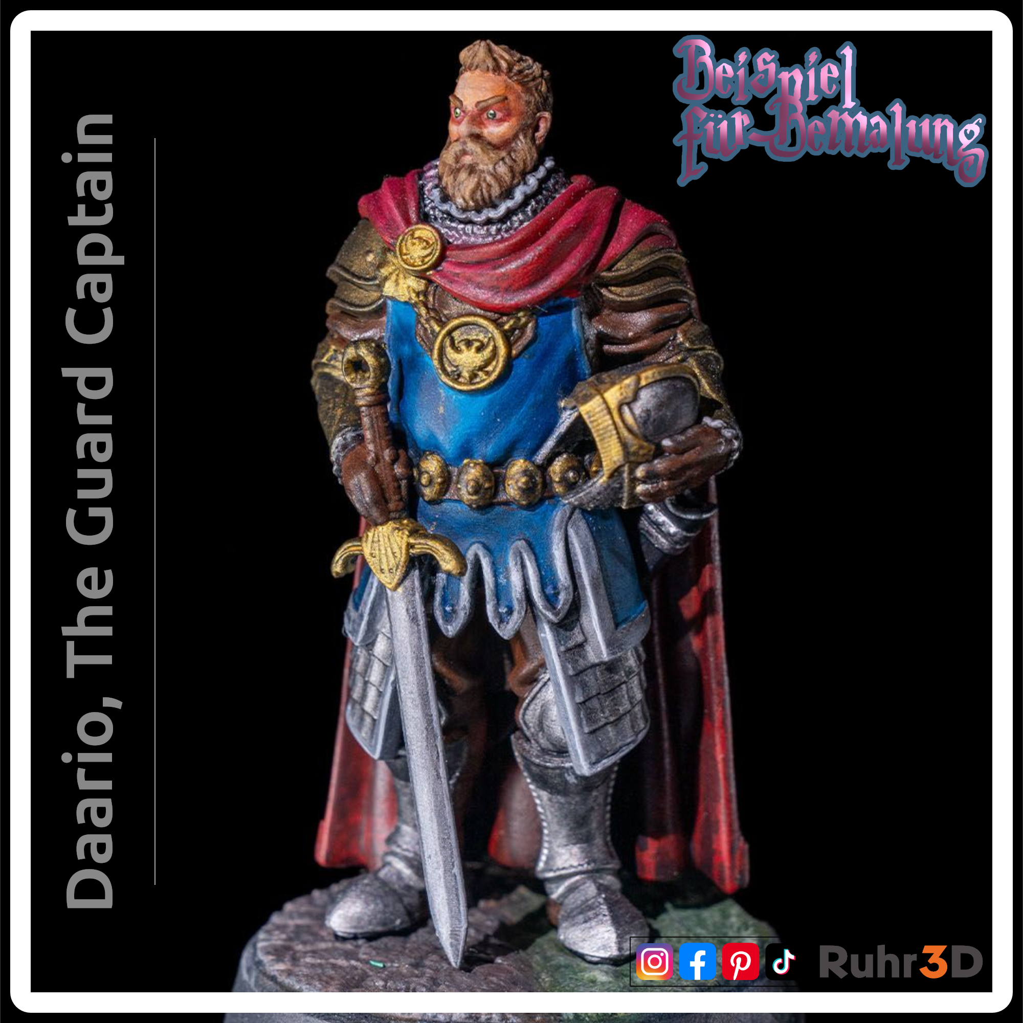 Eine bemalte Miniaturfigur eines bärtigen Hauptmanns in blau-silberner Rüstung mit rotem Umhang, der ein Schwert und einen Helm hält.
