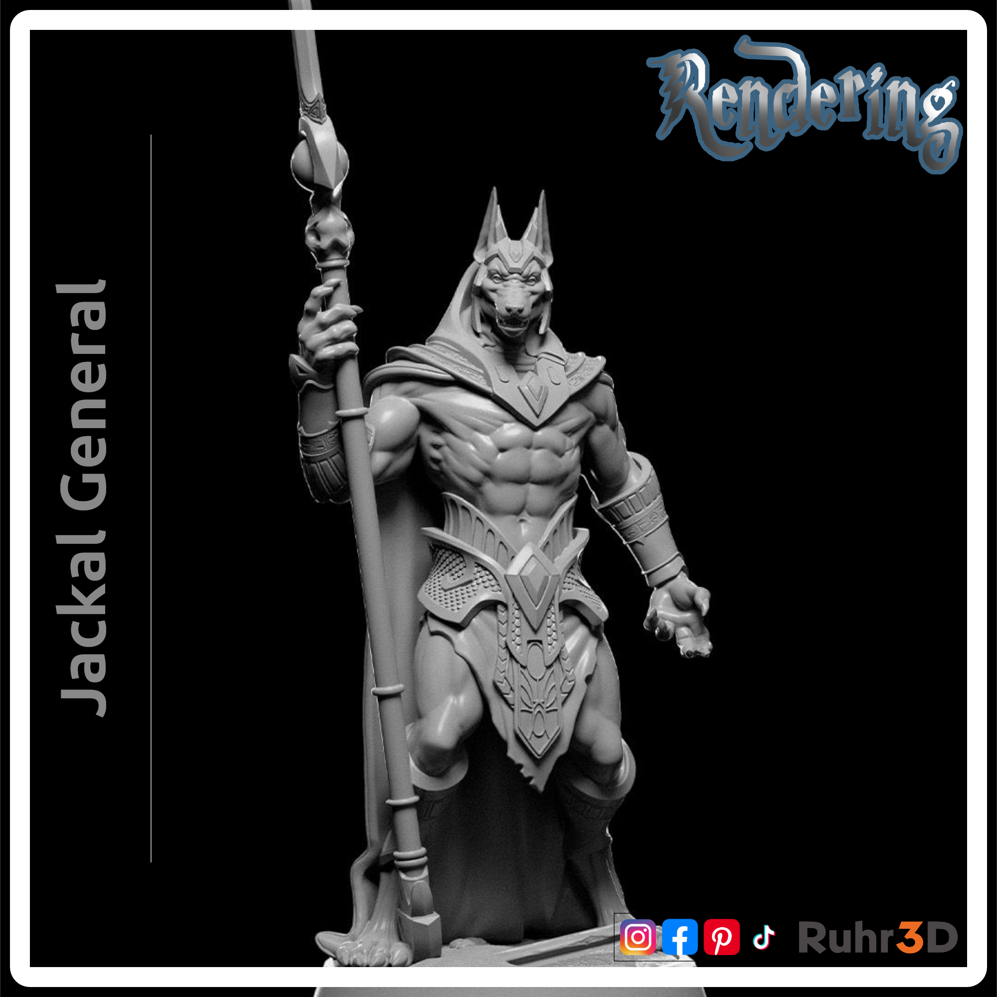 Detaillierte Figur des ägyptischen Gottes Anubis, dargestellt als Schakal mit menschlichem Körper. Die Figur hält einen Stab und trägt einen Umhang. Der Text "Jackal General" befindet sich auf der linken Seite. Das Bild stellt ein Rendering der Figur dar.