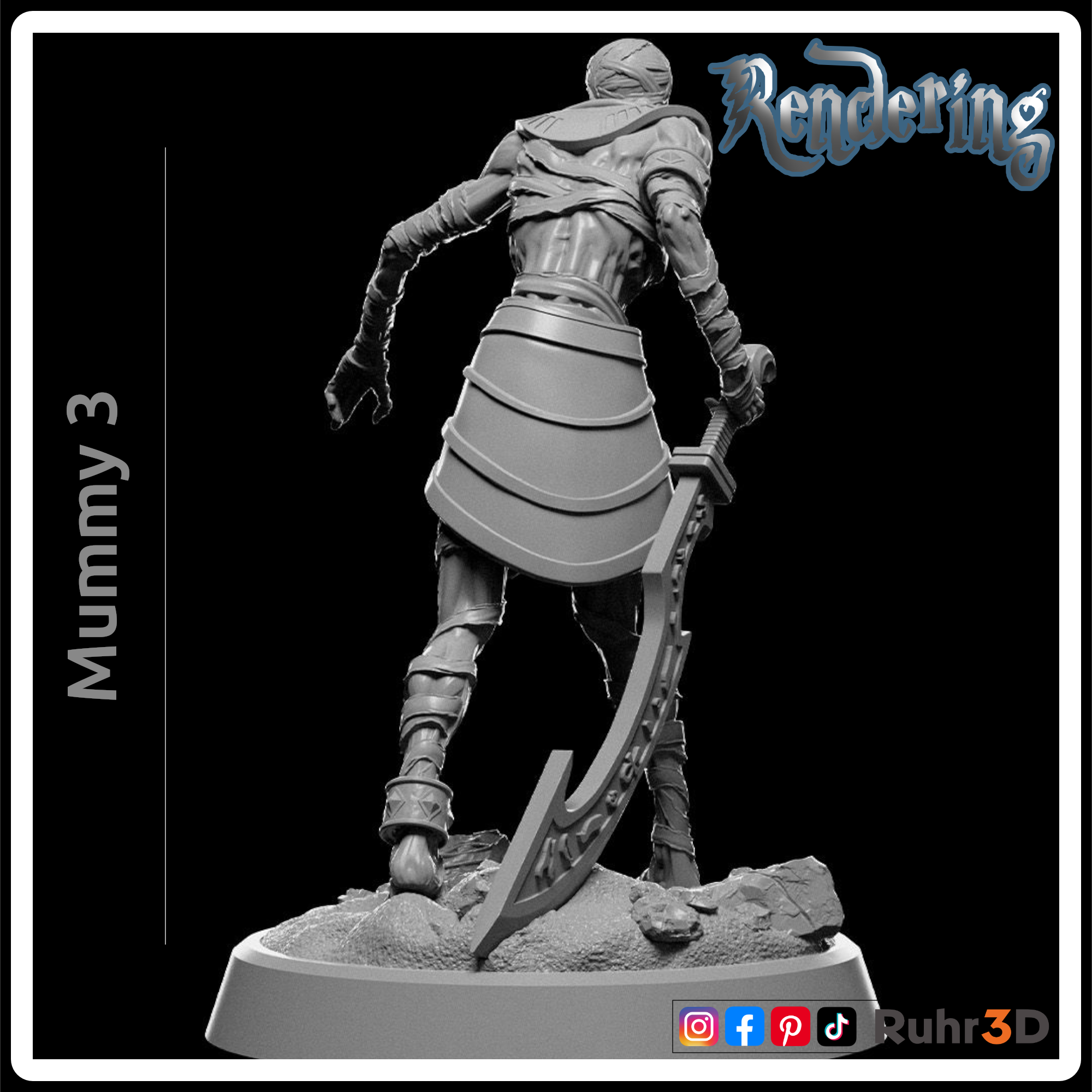 3D-gerendertes Modell einer Mumie, die auf einer felsigen Basis steht. Die Mumie ist in Bandagen gewickelt. Das Bild enthält den Text "Mummy 3" und "Rendering".