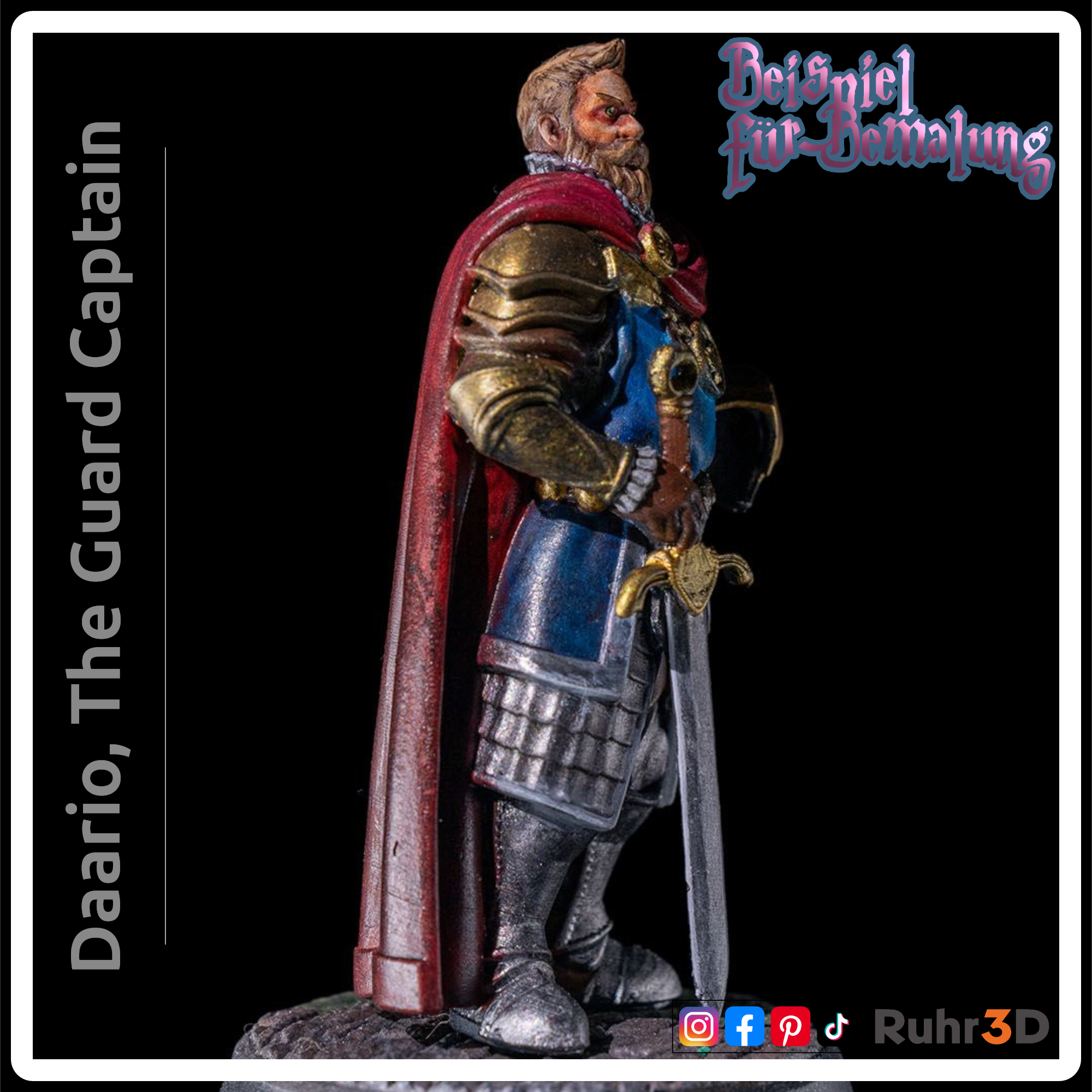 Eine bemalte Miniaturfigur eines bärtigen Hauptmanns in blau-silberner Rüstung mit rotem Umhang, der ein Schwert und einen Helm hält.