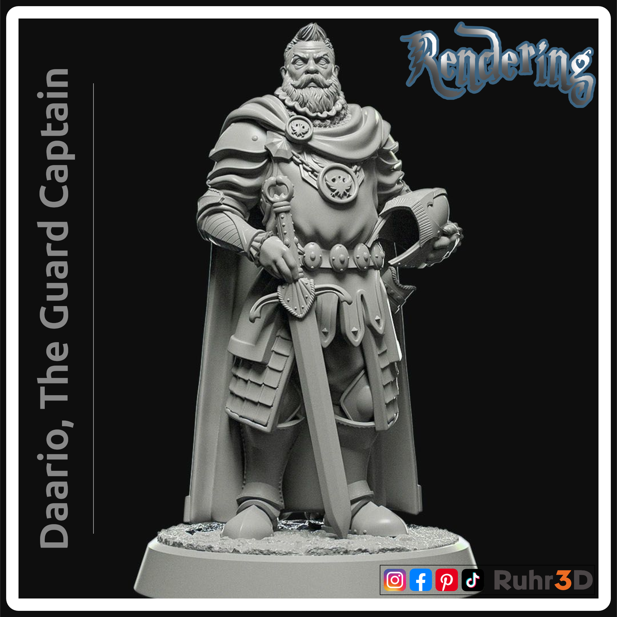 Eine graue, gerenderte Miniaturfigur eines bärtigen Hauptmanns in einer Rüstung mit Umhang, der ein Schwert und einen Helm hält.