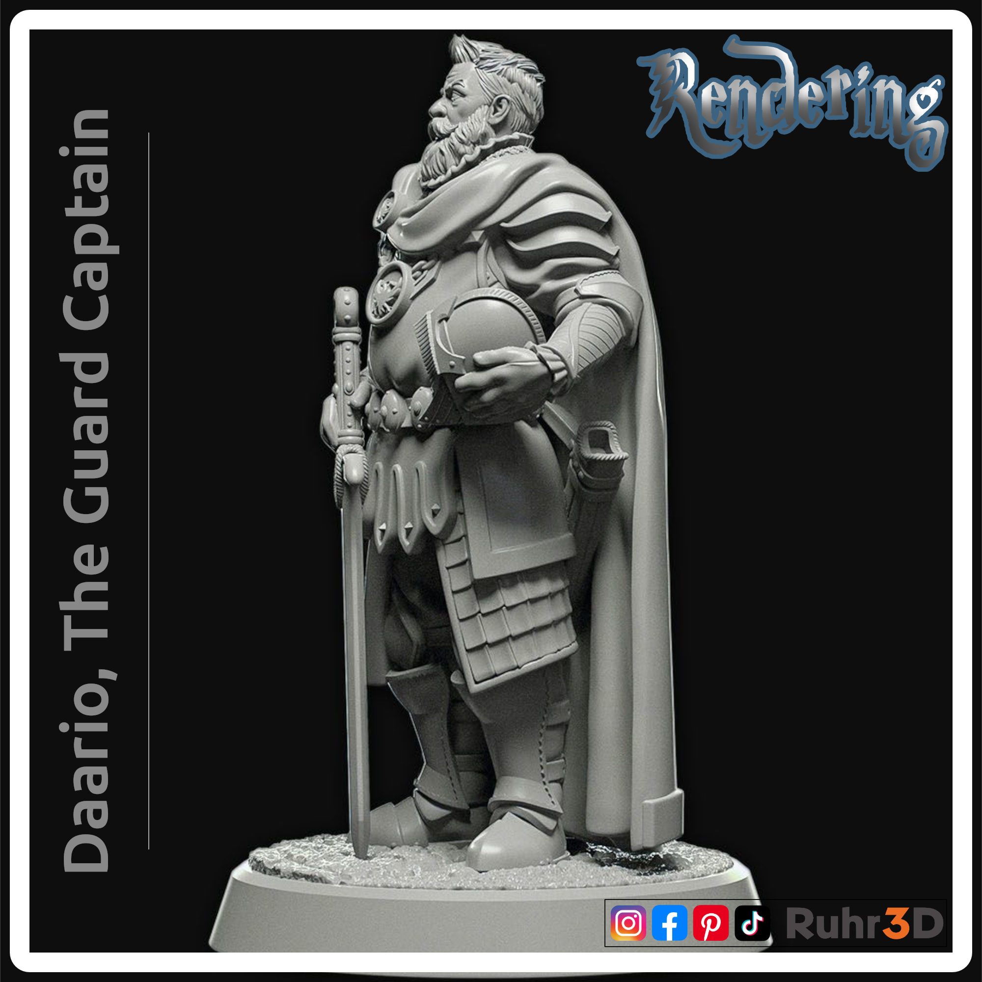 Eine graue, gerenderte Miniaturfigur eines bärtigen Hauptmanns in einer Rüstung mit Umhang, der ein Schwert und einen Helm hält.