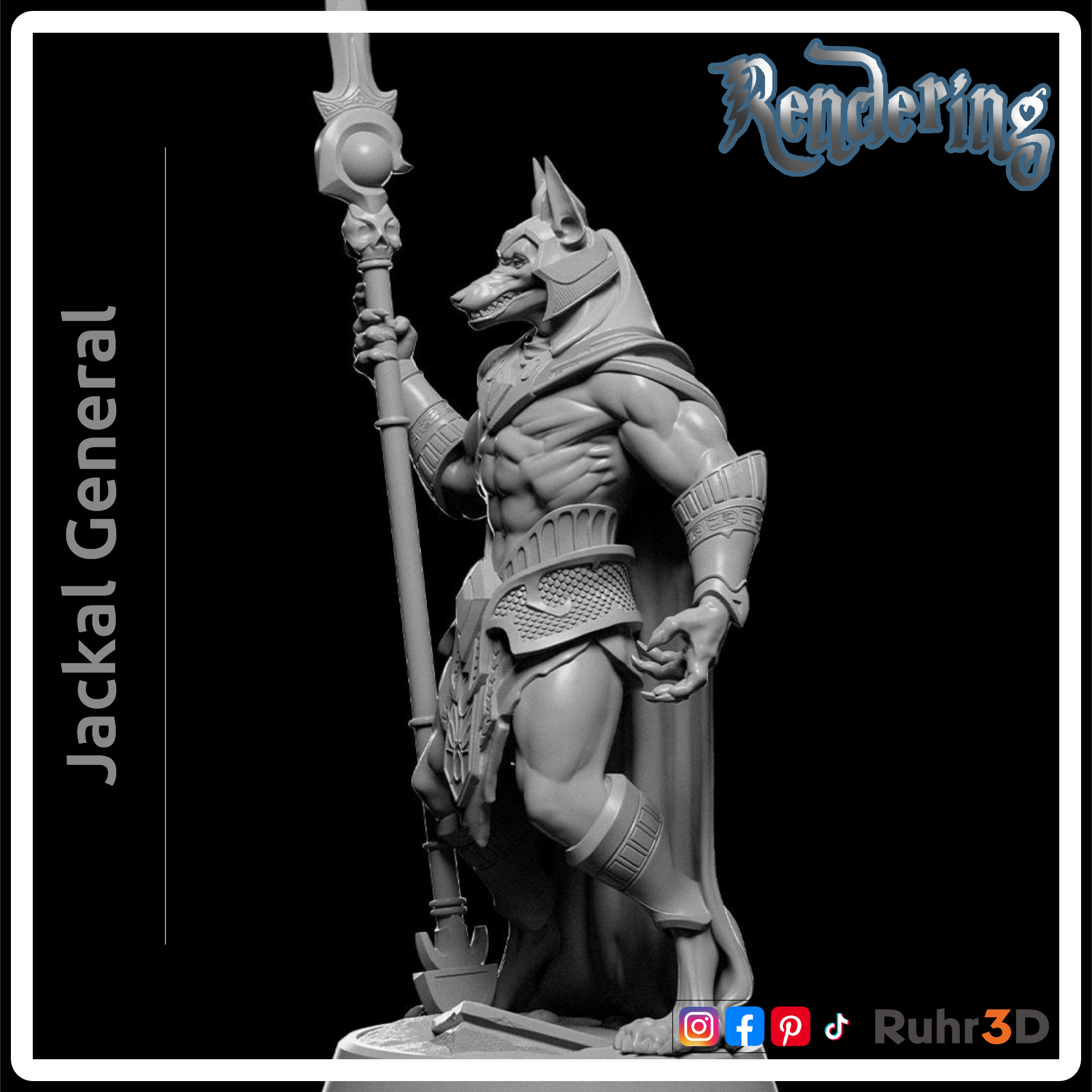 Detaillierte Figur des ägyptischen Gottes Anubis, dargestellt als Schakal mit menschlichem Körper. Die Figur hält einen Stab und trägt einen Umhang. Der Text "Jackal General" befindet sich auf der linken Seite. Das Bild stellt ein Rendering der Figur dar.