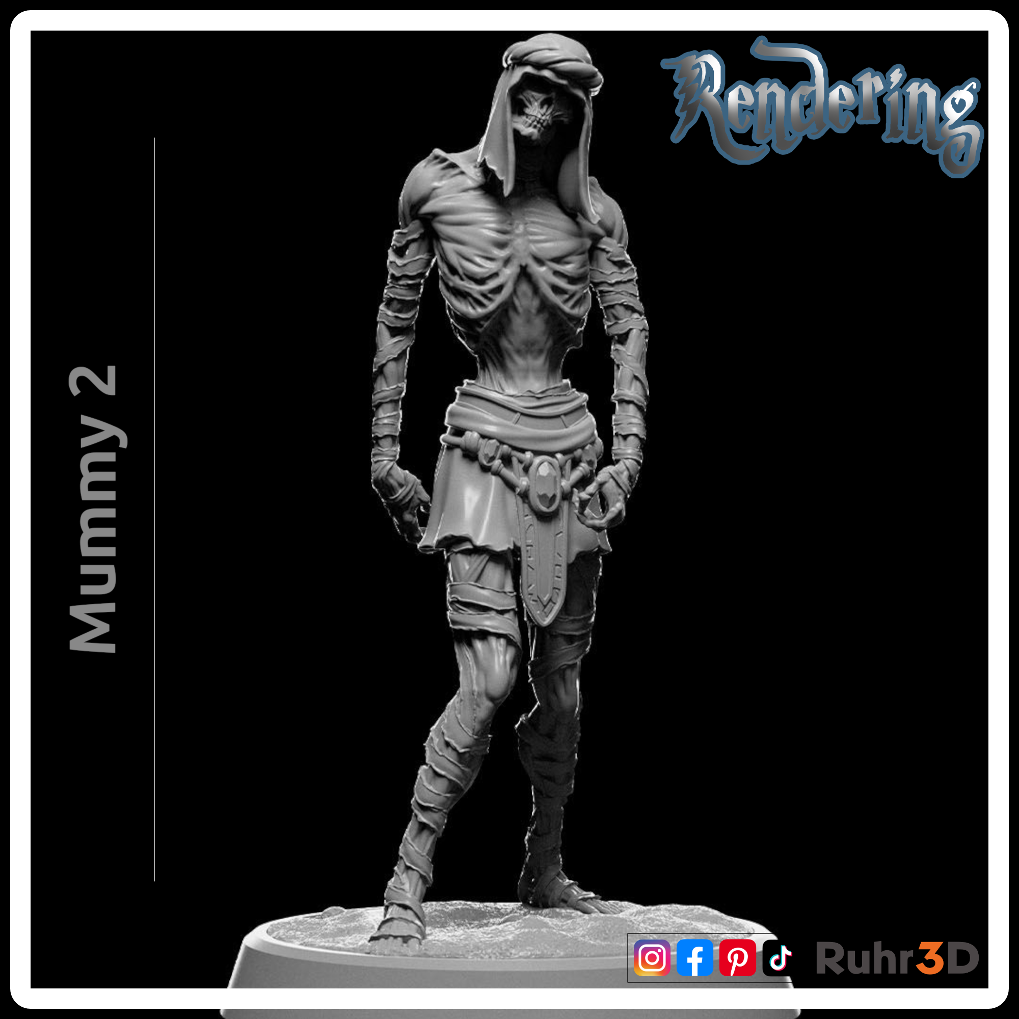 3D-gerendertes Modell einer Mumie, die auf einer felsigen Basis steht. Die Mumie ist in Bandagen gewickelt und trägt eine Kapuzenhaube. Das Bild enthält den Text "Mummy 2" und "Rendering".