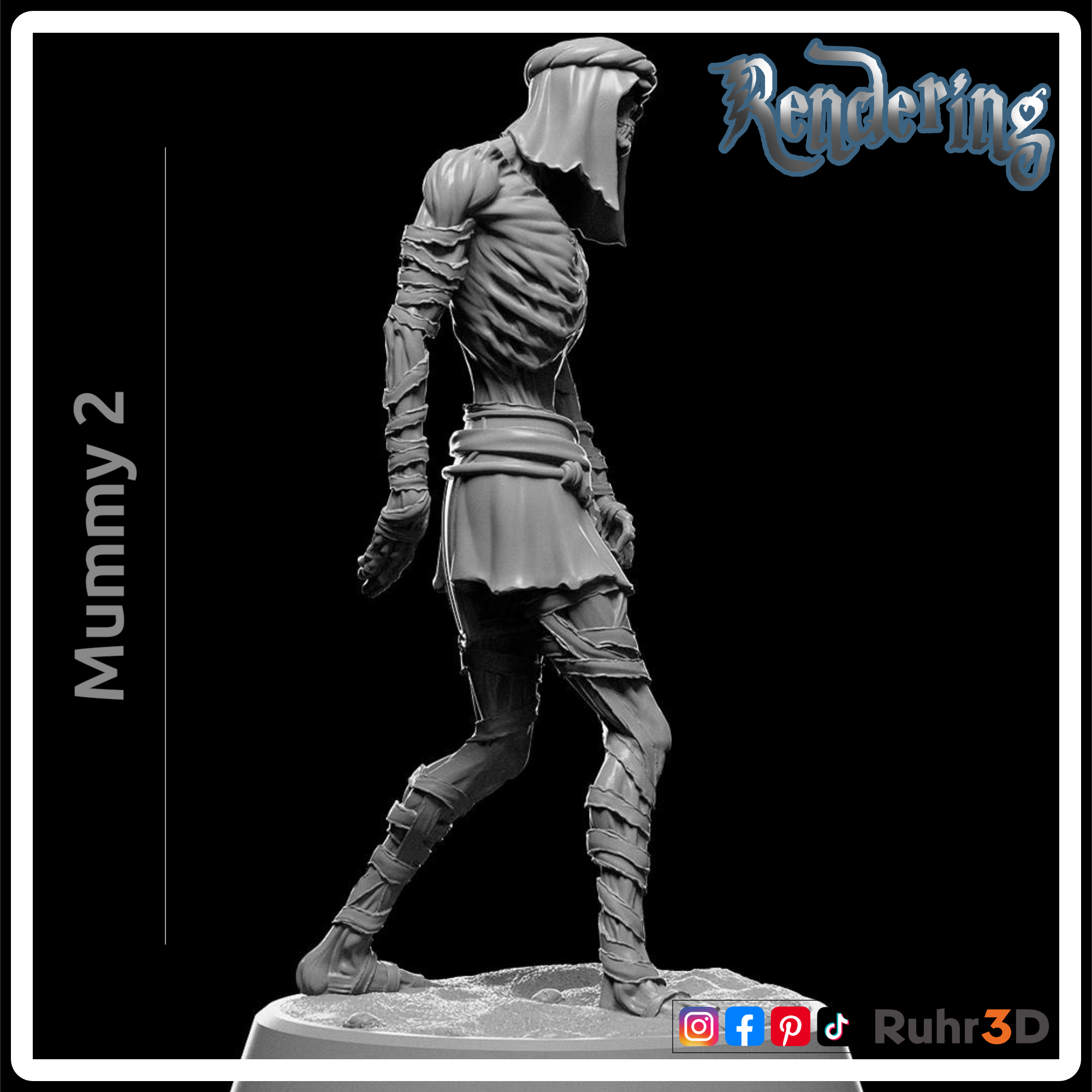 3D-gerendertes Modell einer Mumie, die auf einer felsigen Basis steht. Die Mumie ist in Bandagen gewickelt und trägt eine Kapuzenhaube. Das Bild enthält den Text "Mummy 2" und "Rendering".
