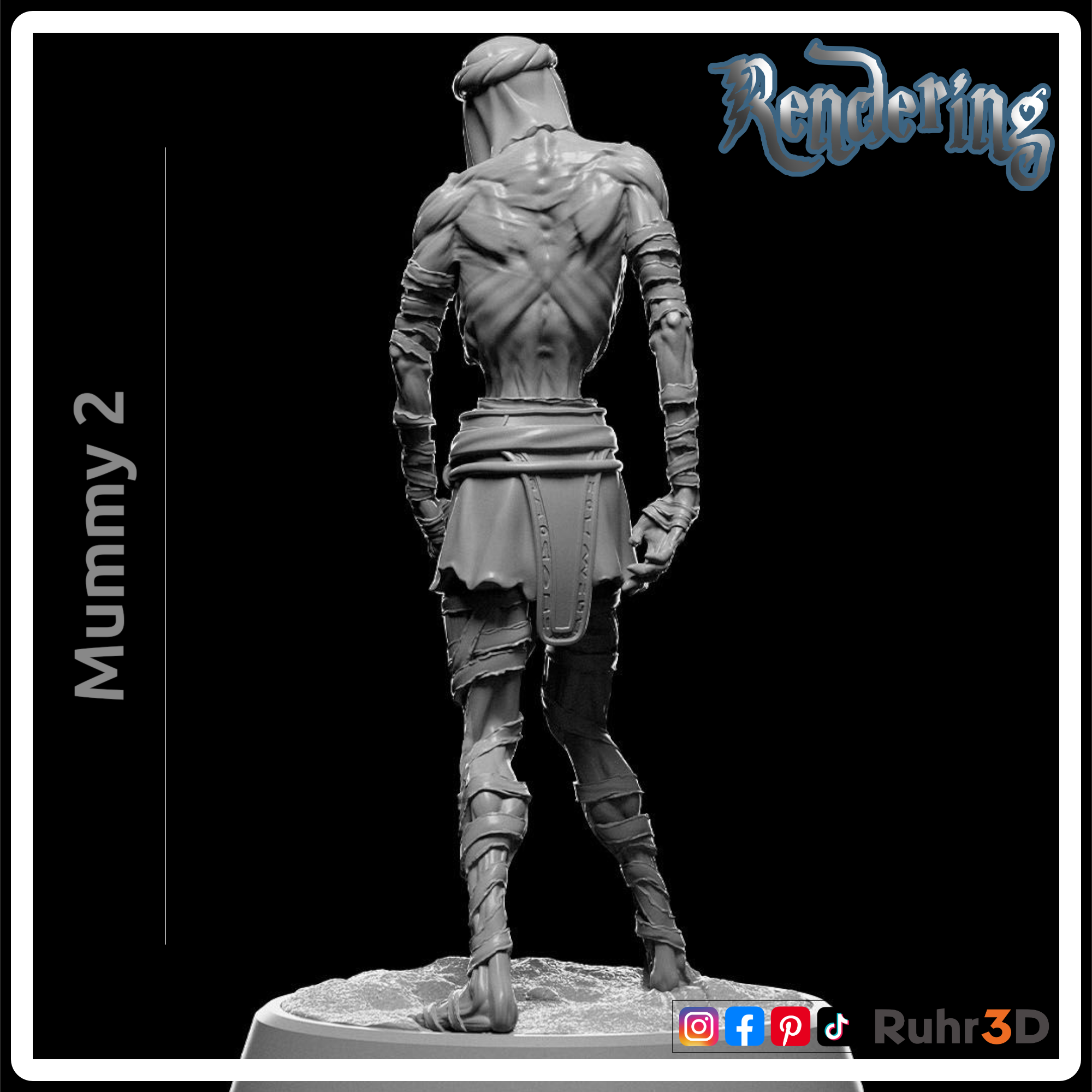 3D-gerendertes Modell einer Mumie, die auf einer felsigen Basis steht. Die Mumie ist in Bandagen gewickelt und trägt eine Kapuzenhaube. Das Bild enthält den Text "Mummy 2" und "Rendering".