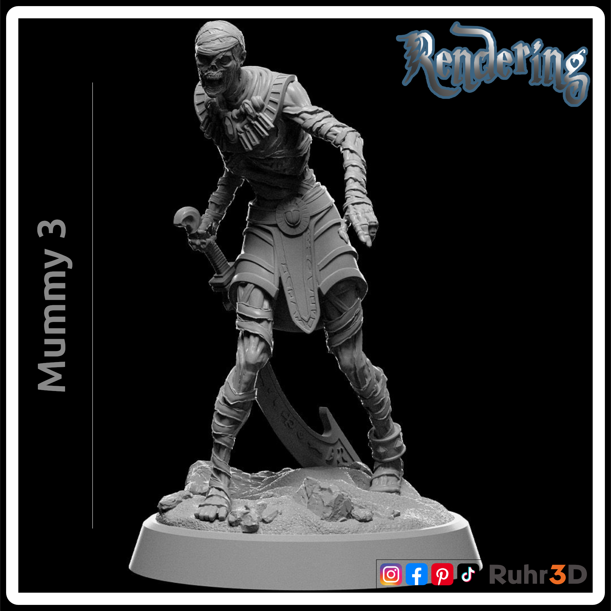 3D-gerendertes Modell einer Mumie, die auf einer felsigen Basis steht. Die Mumie ist in Bandagen gewickelt. Das Bild enthält den Text "Mummy 3" und "Rendering".