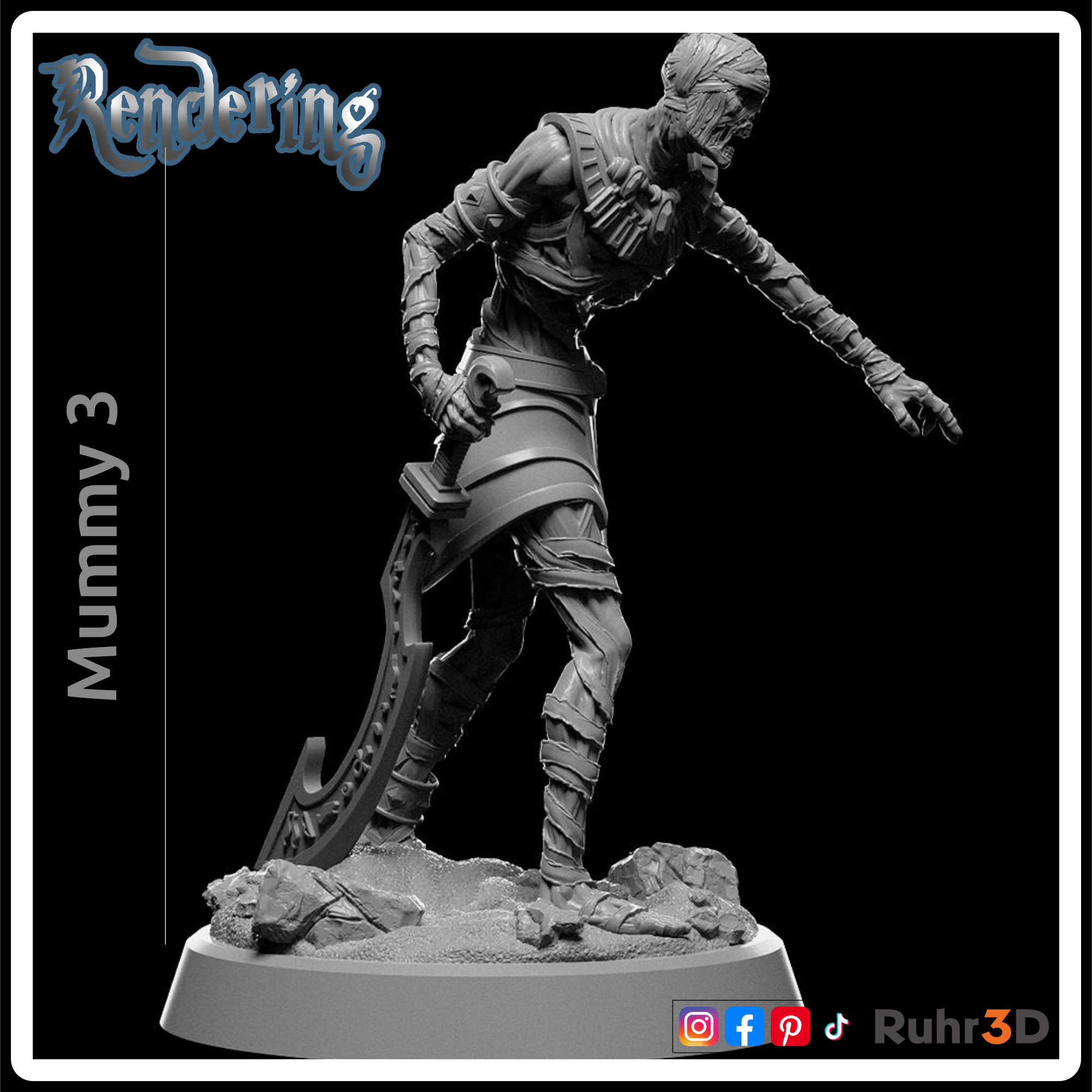 3D-gerendertes Modell einer Mumie, die auf einer felsigen Basis steht. Die Mumie ist in Bandagen gewickelt. Das Bild enthält den Text "Mummy 3" und "Rendering".